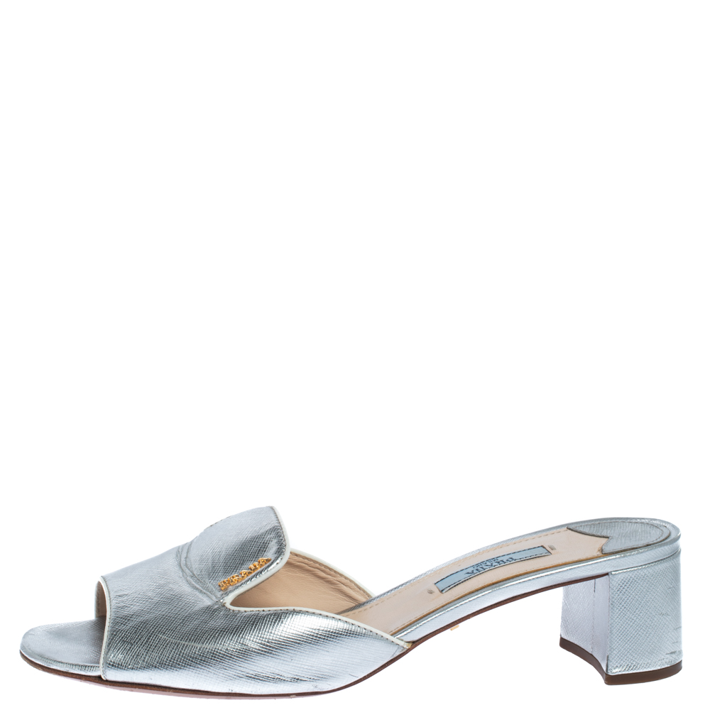 

Prada Silver Saffiano Leather Block Heel Slide Sandals Size