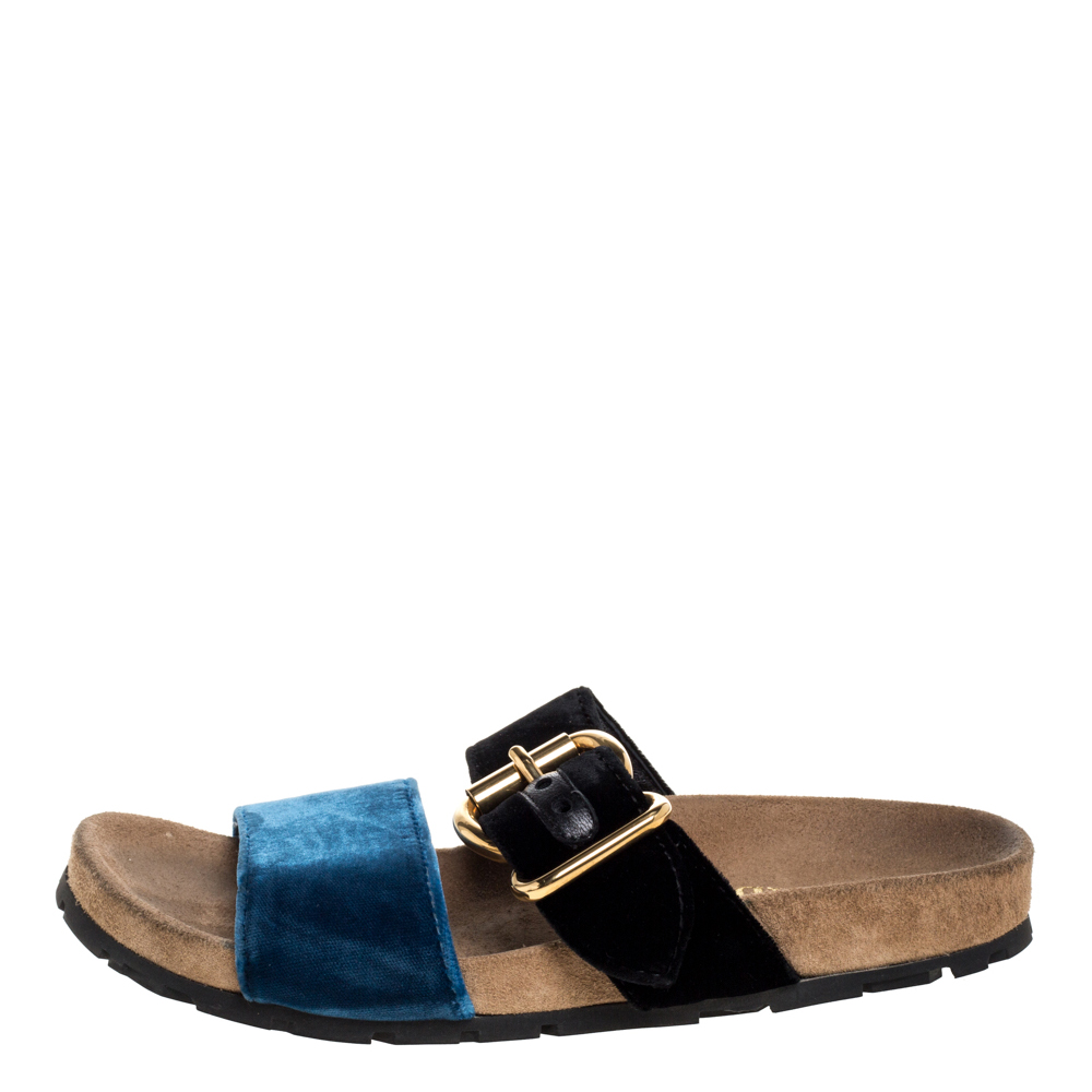 

Prada Black/Blue Velvet Slide Flat Sandals Size