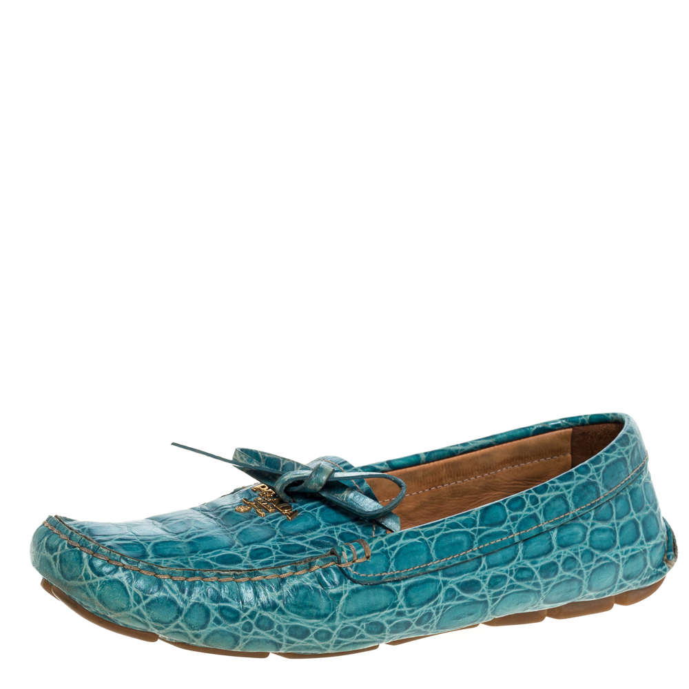 

Prada Blue Crocodile Leather Bow Slip On Loafers