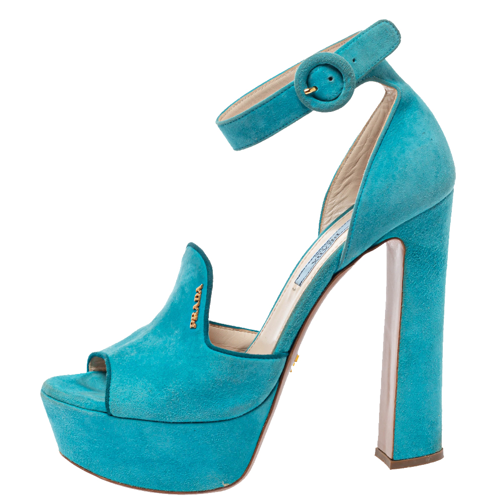 

Prada Teal Suede Platform Block Heel Ankle Strap Sandals Size, Blue