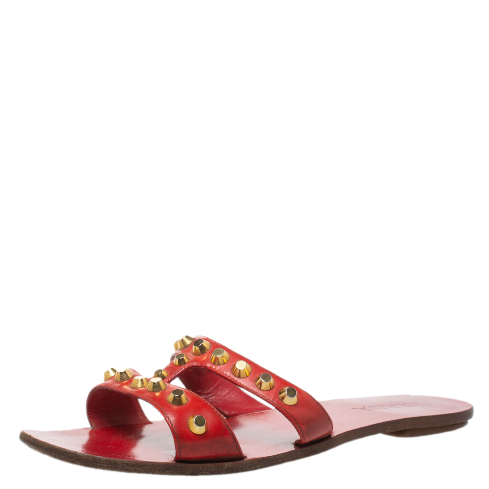 Pre-owned Prada Red Patent Leather Studded Flat Slides Size 39