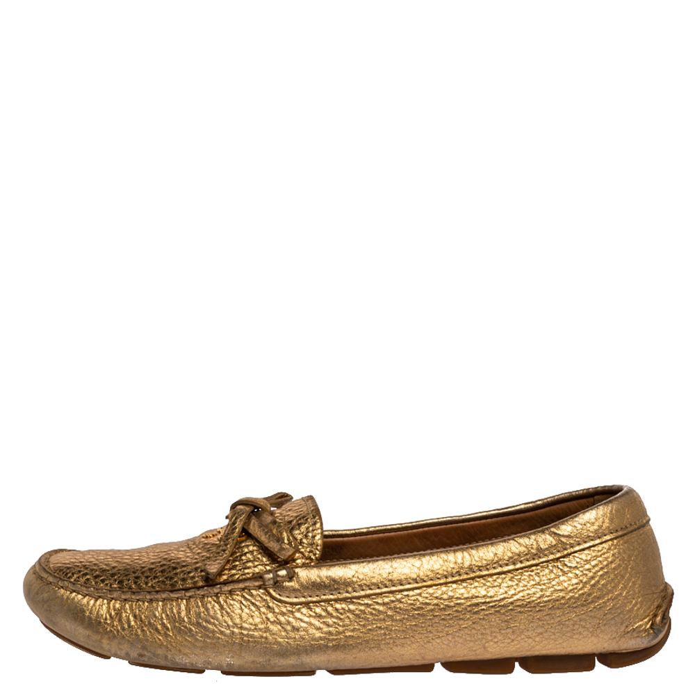 

Prada Metallic Gold Leather Bow Slip On Loafers Size