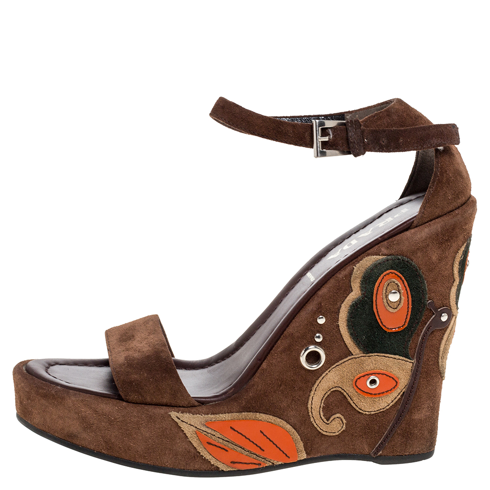 

Prada Brown Suede Leather Wedge Platform Ankle Strap Sandals Size
