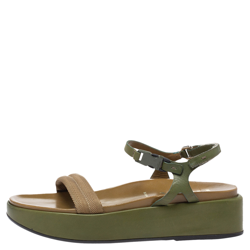 

Prada Two-Tone Nylon And Leather Velcro Slingback Platform Sandals Size, Green