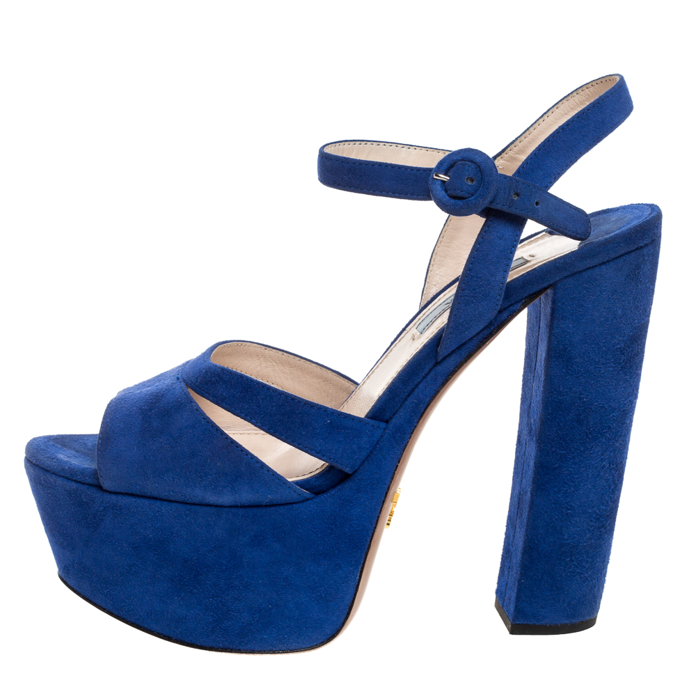 

Prada Electric Blue Suede Platform Block Heel Ankle Strap Sandals Size