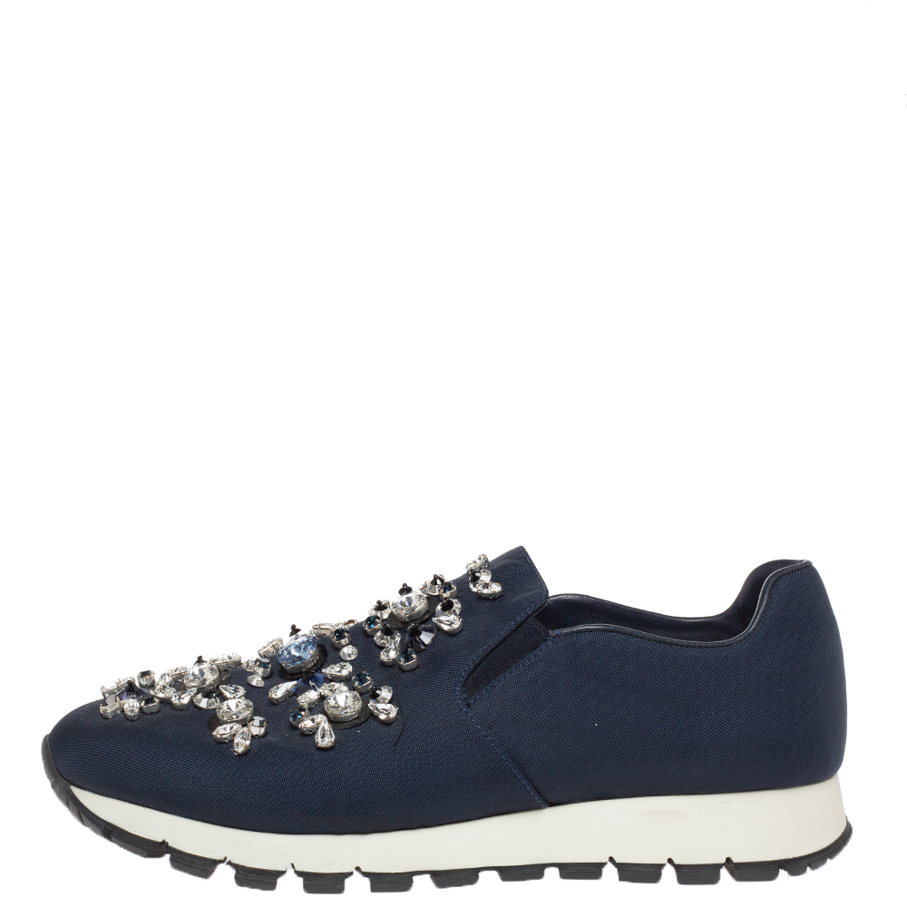 

Prada Navy Blue Canvas Crystal Embellished Slip On Sneakers Size