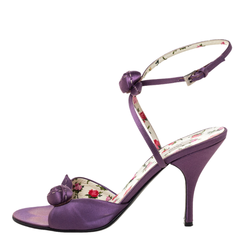 

Prada Purple Satin Rose Bud Embellished Peep Toe Slingback Sandals Size