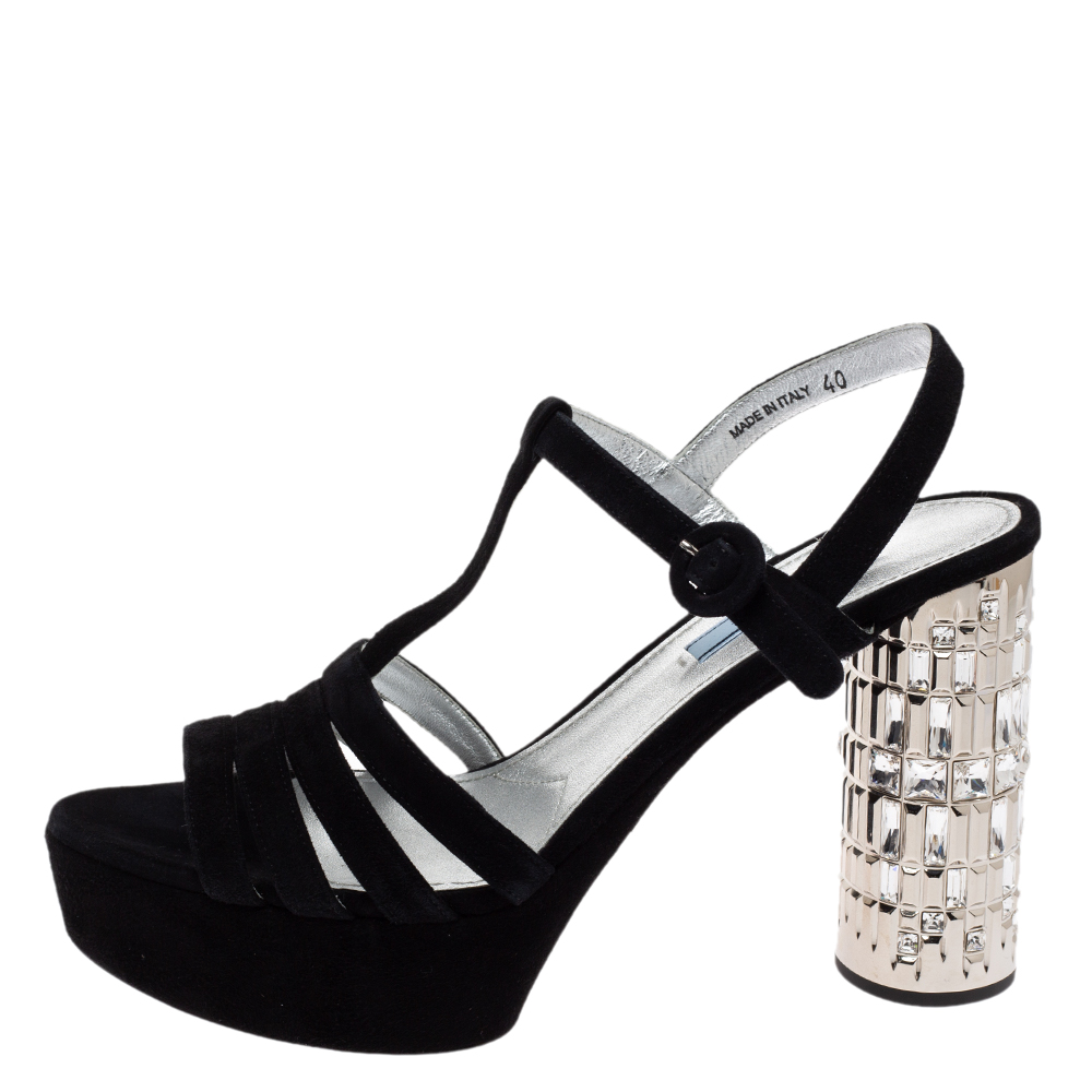 

Prada Black Suede Crystal Embellished Block Heel Ankle Strap Platform Sandals Size