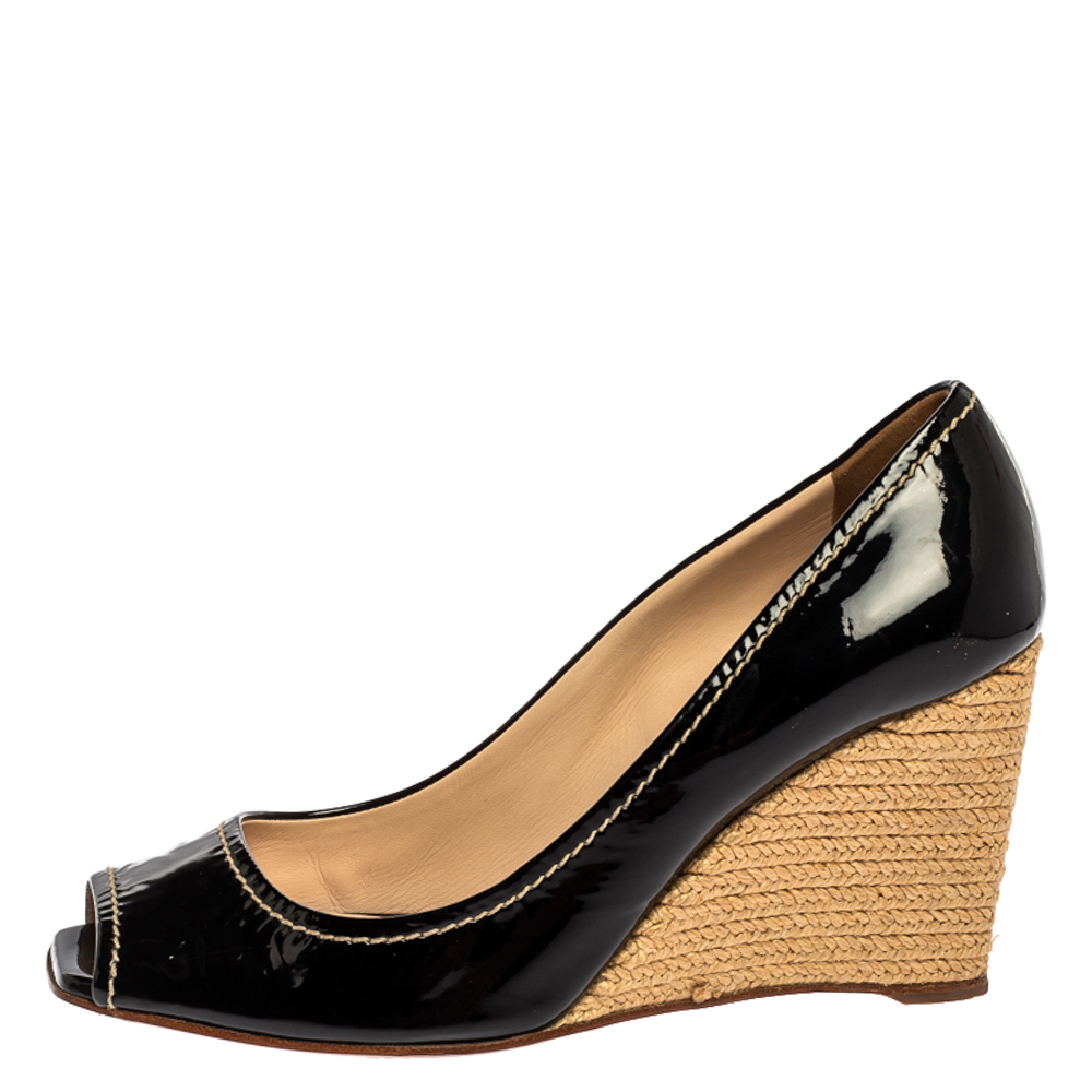 

Prada Black Patent Open Toe Espadrille Wedge Pumps Size