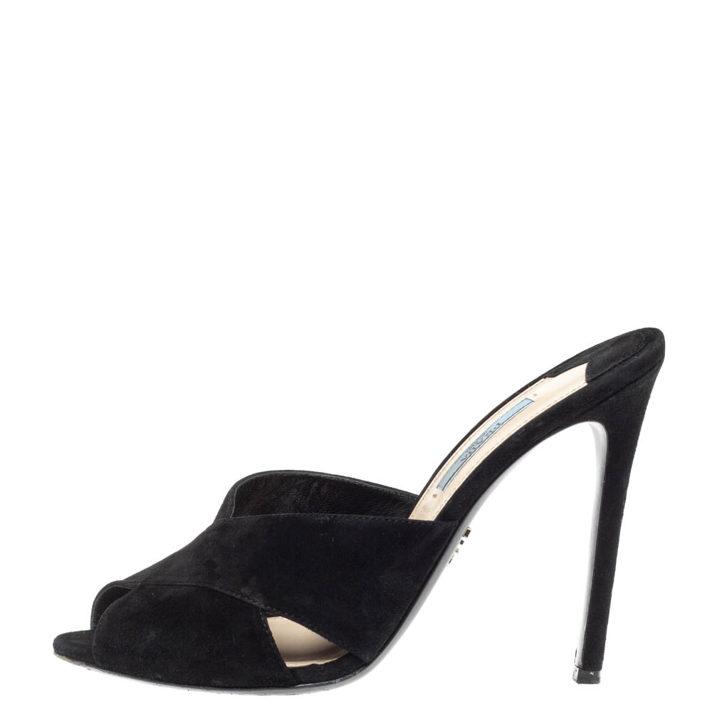 

Prada Black Suede Peep Toe Mule Sandals Size