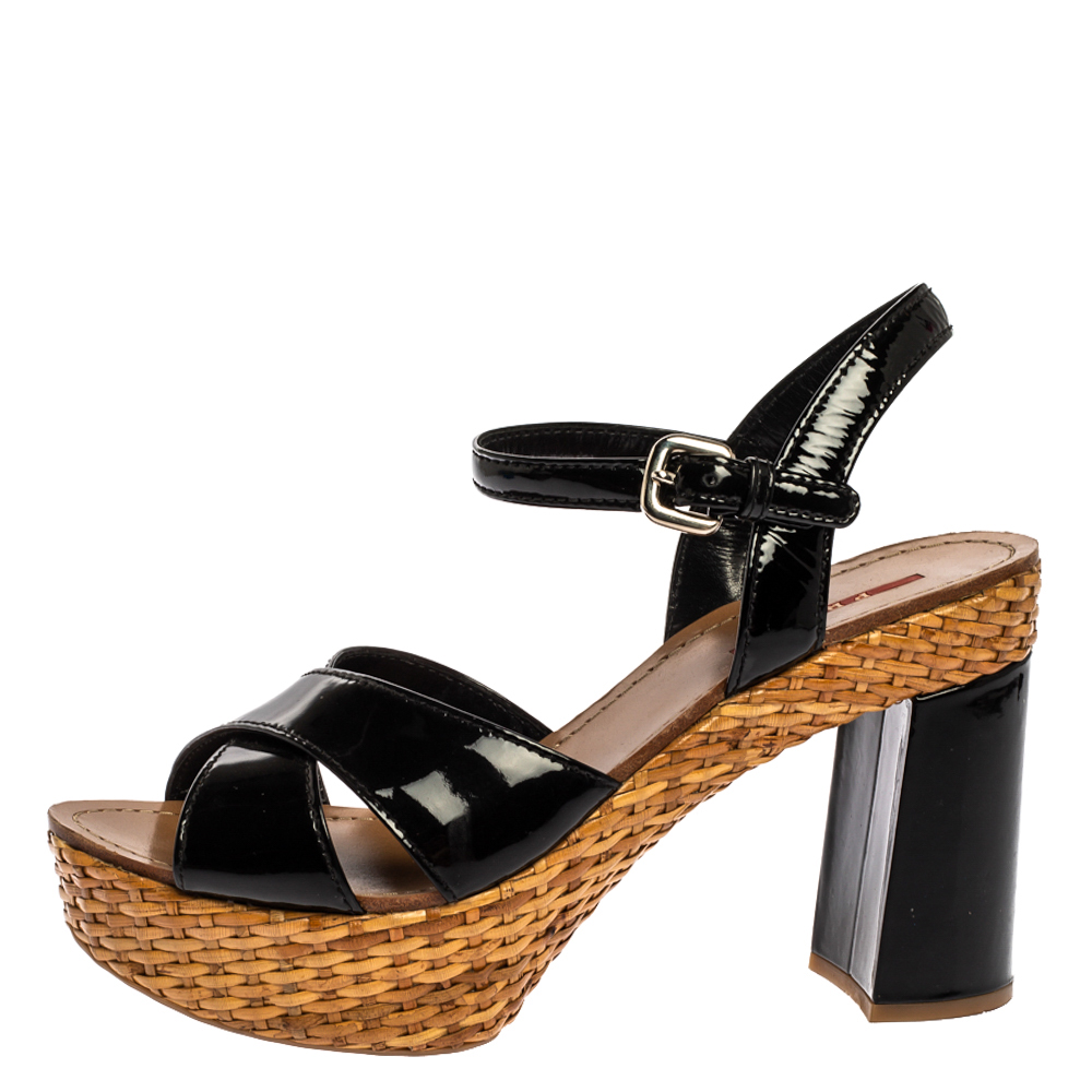 

Prada Black Patent And Woven Raffia Platform Block Heel Sandals Size