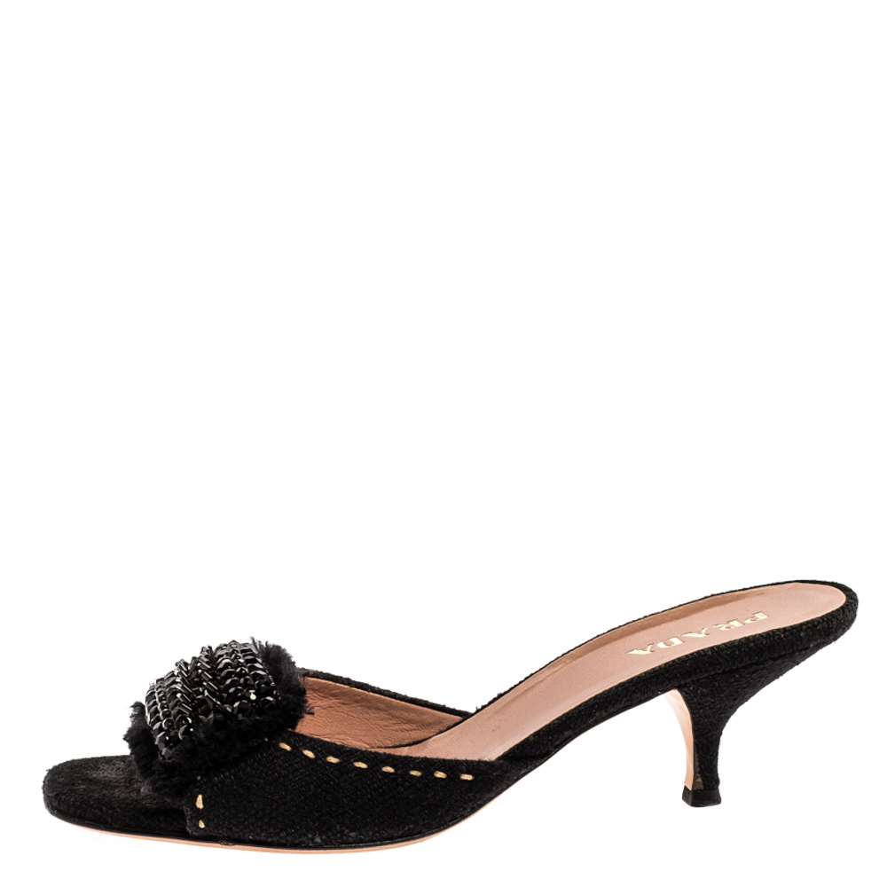 

Prada Black Canvas Crystal Embellished Open Toe Slide Sandals Size