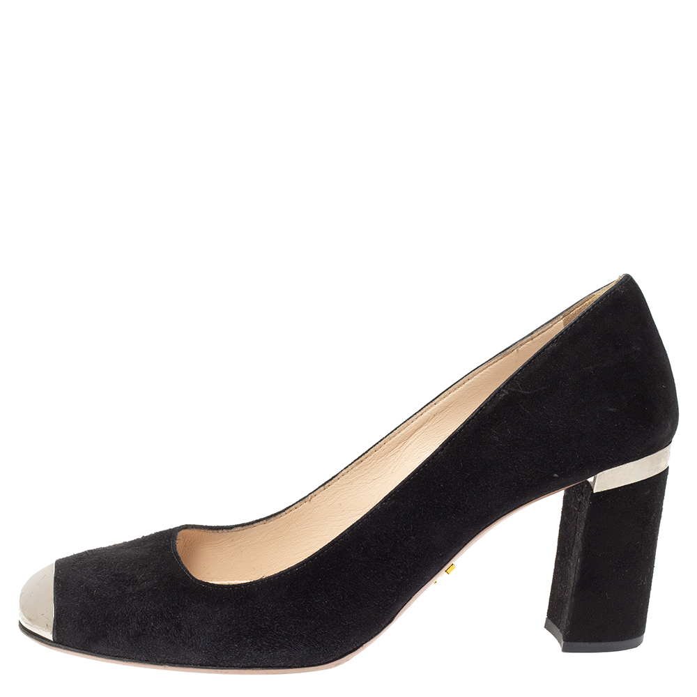 

Prada Black Suede Metal Cap Toe Block Heel Pumps Size