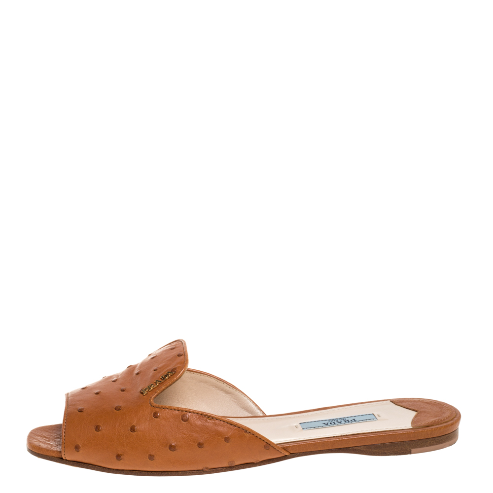 

Prada Brown Ostrich Flat Slide Sandals Size