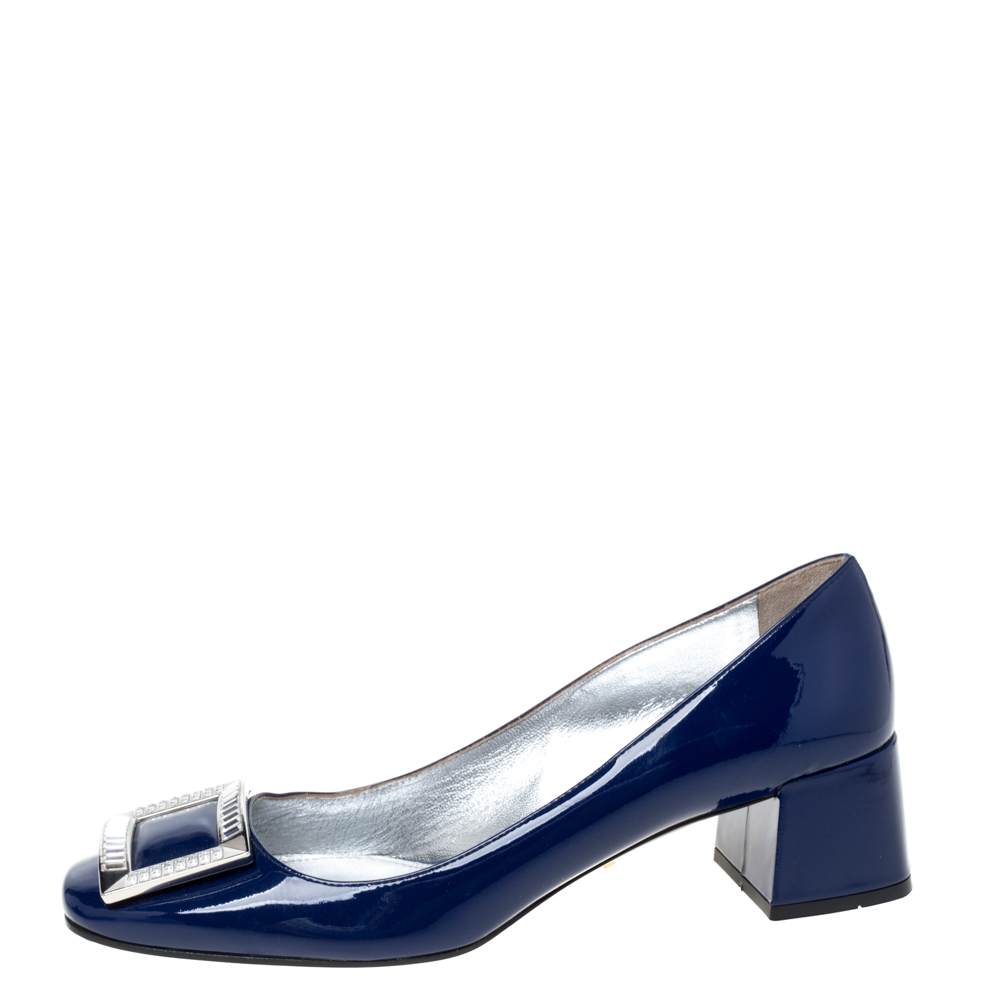 

Prada Blue Patent Leather Crystal Buckle Block Heel Pumps Size