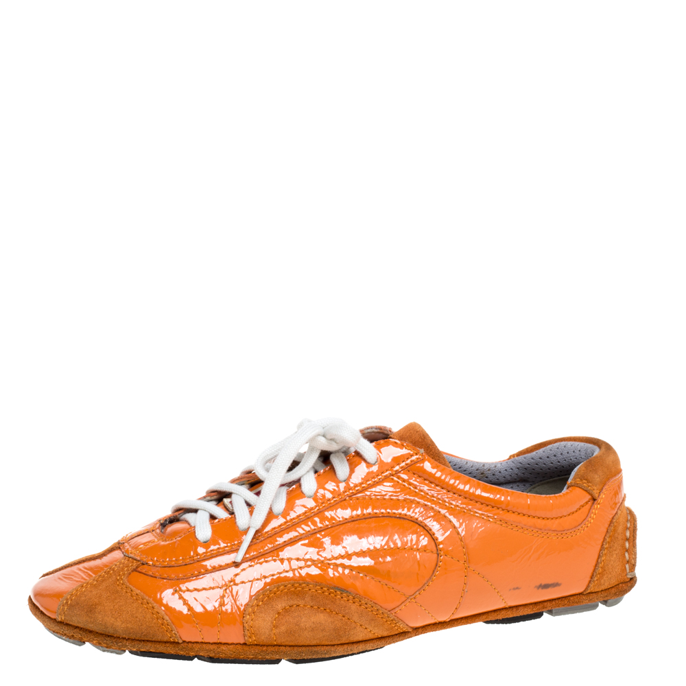 

Prada Orange Suede And Patent Leather Vintage Low Top Sneakers Size