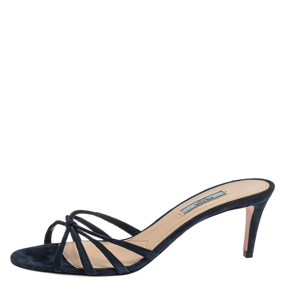 

Prada Blue Suede Knotted Front Slide Sandals Size