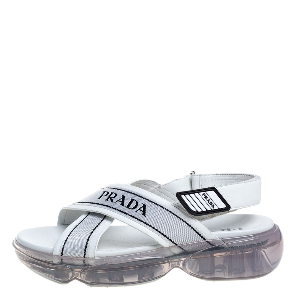 

Prada White Leather And Canvas Cloudbust Logo Slingback Sandals Size
