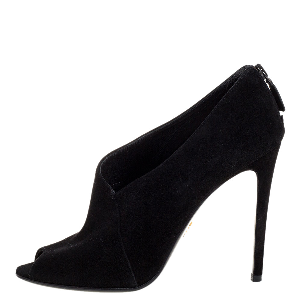 

Prada Black Suede Leather Peep Toe Ankle Booties Size