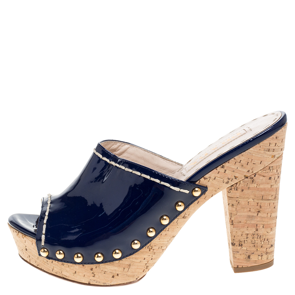 

Prada Royal Blue Patent Leather Studded Cork Mule Sandals Size