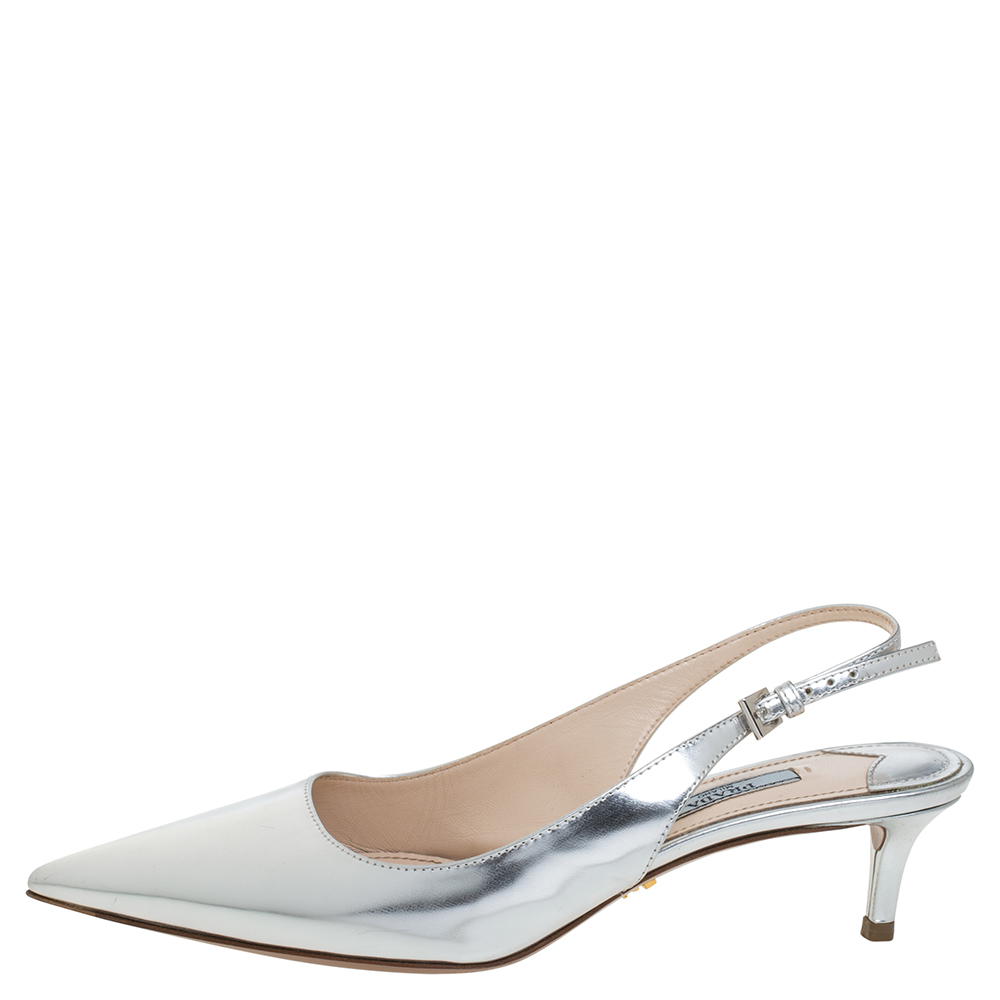 

Prada Silver Leather Slingback Pointed Toe Sandals Size