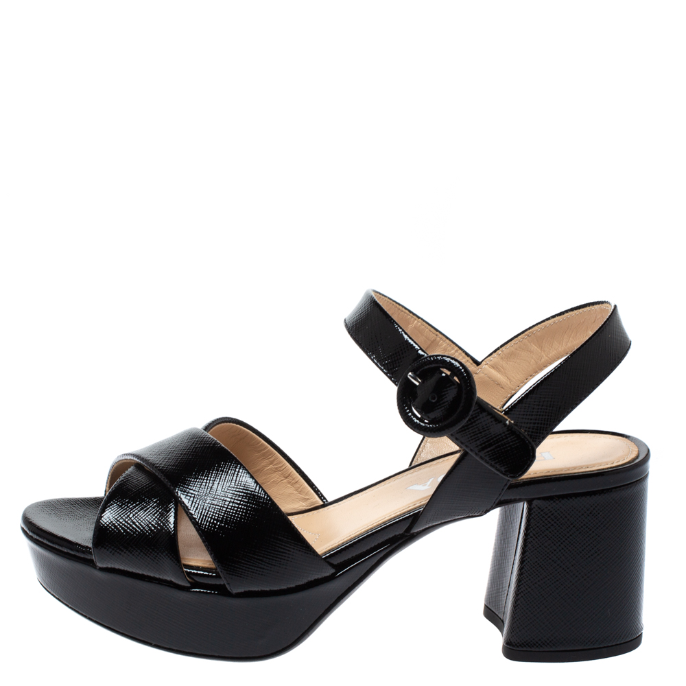 

Prada Black Patent Leather Ankle Strap Platform Sandals Size