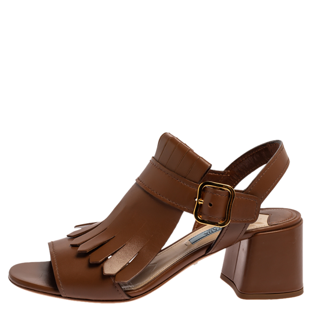 

Prada Brown Leather Fringe Slingback Block Heel Sandals Size