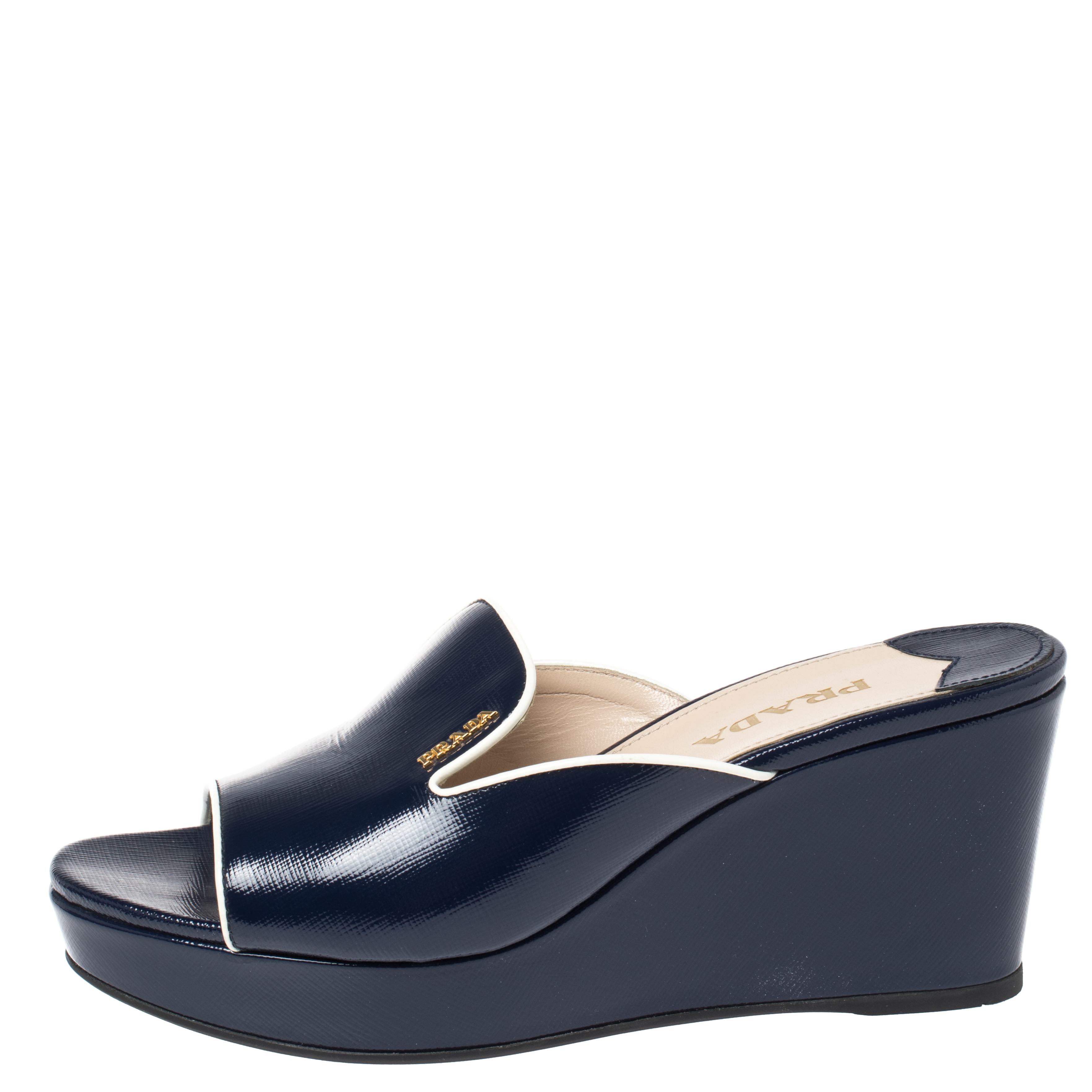 

Prada Blue Patent Leather Wedge Slide Sandal Size