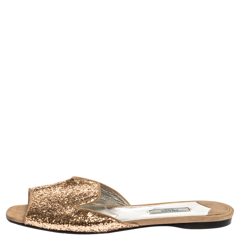 

Prada Gold Glitter Flat Slides Size