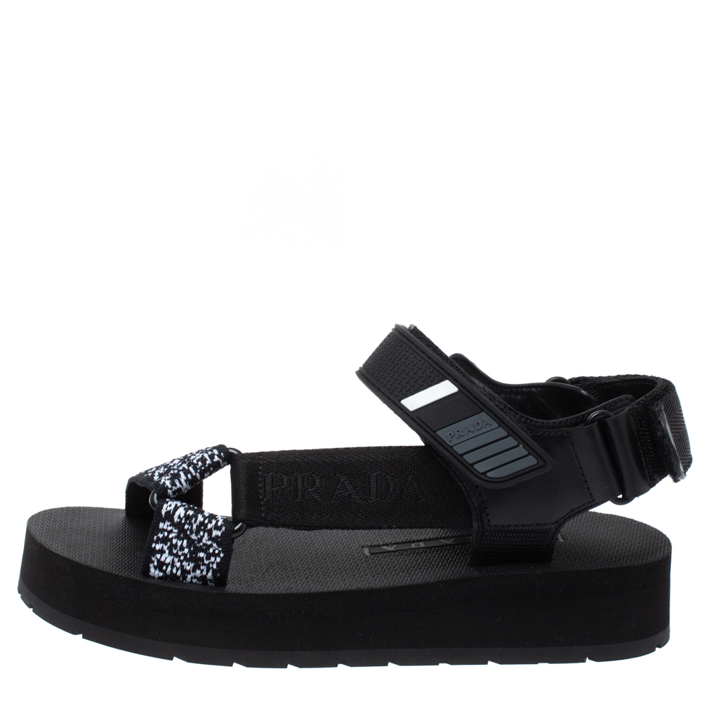 

Prada Black Canvas, Rubber and Leather Trim Jacquard Logo Platform Sandals Size