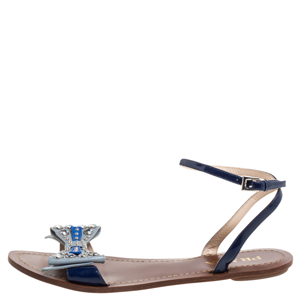 

Prada Blue/Grey Leather Crystal Embellished Ankle Strap Bow Flats Size