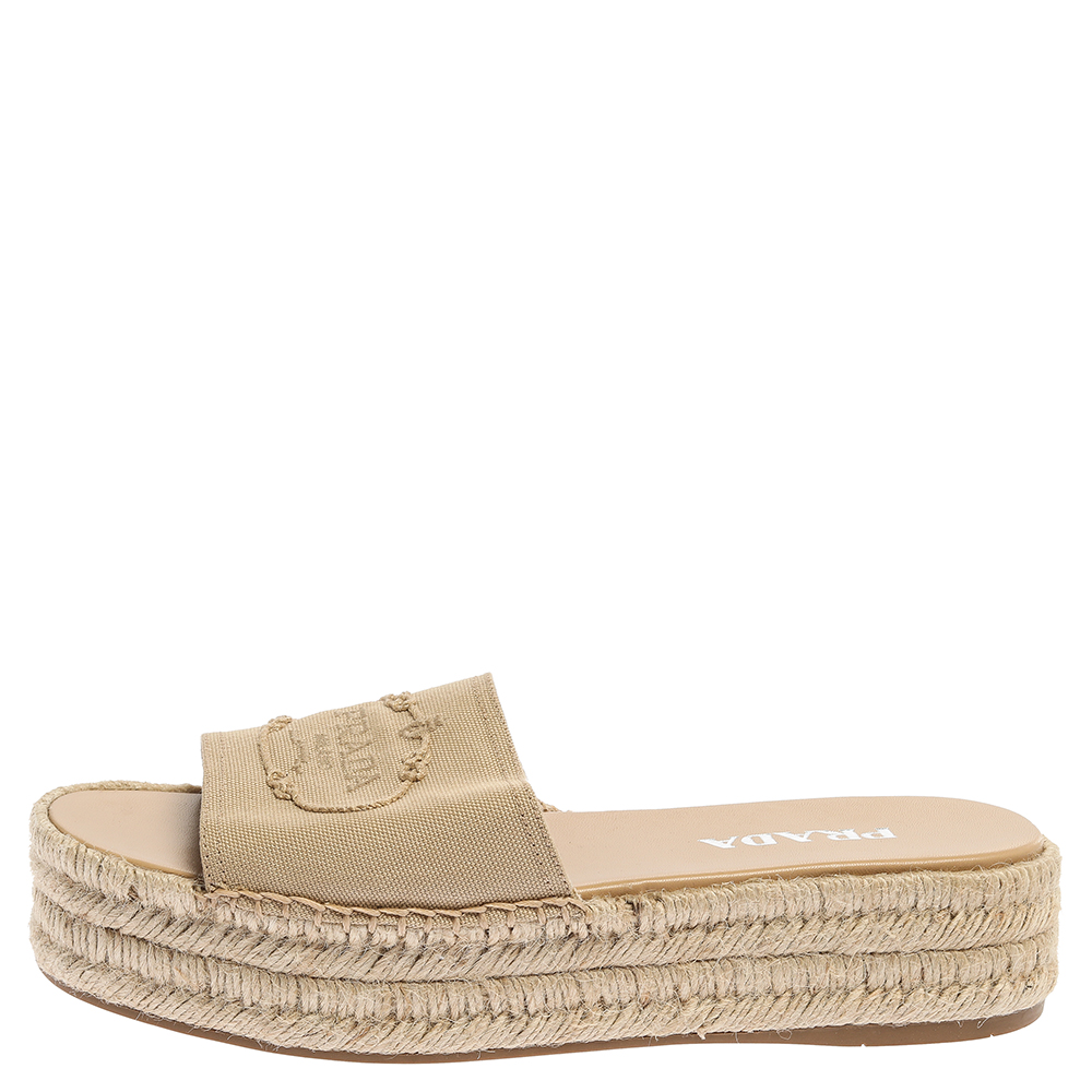 

Prada Beige Canvas Logo Embroidered Espadrille Platform Wedge Slides Size