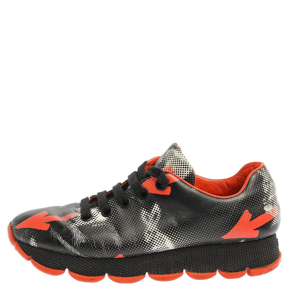

Prada Black/Orange Leather Arrow Graphic Lace Up Sneakers Size