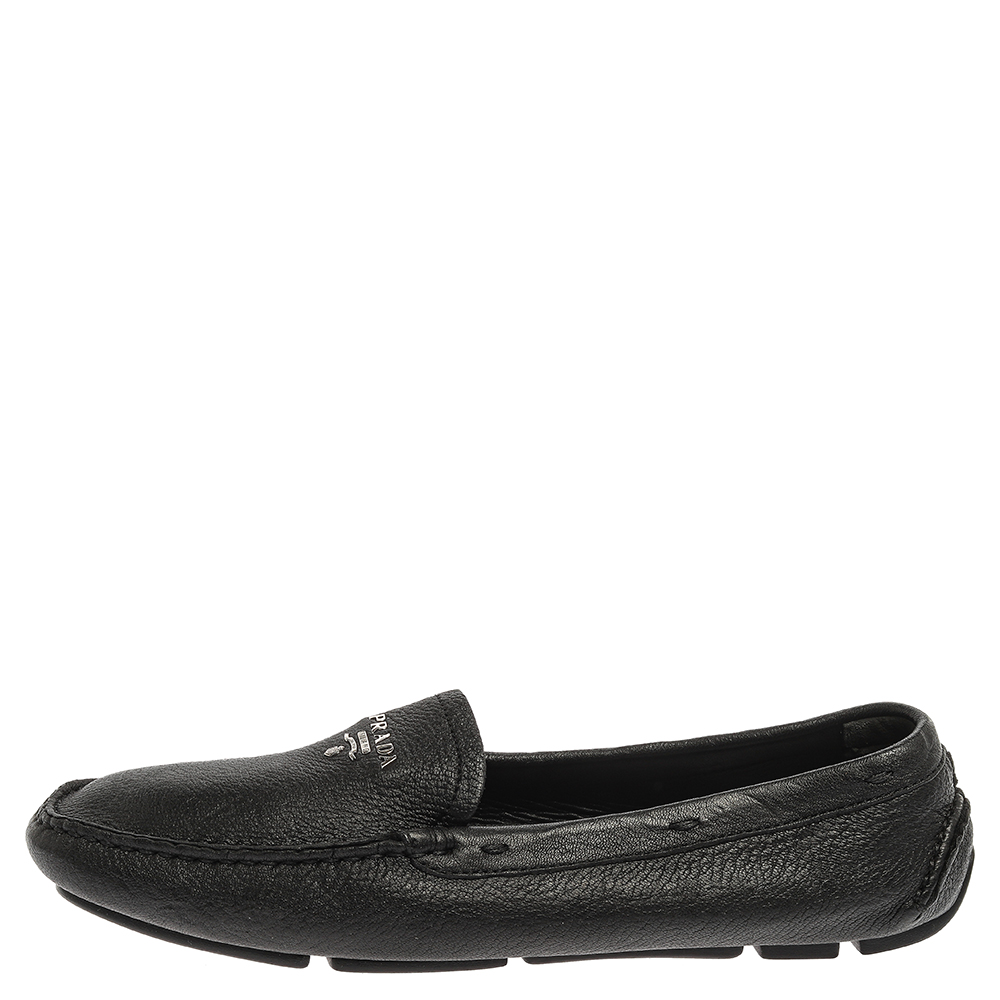 

Prada Black Grained Leather Slip On Loafers Size