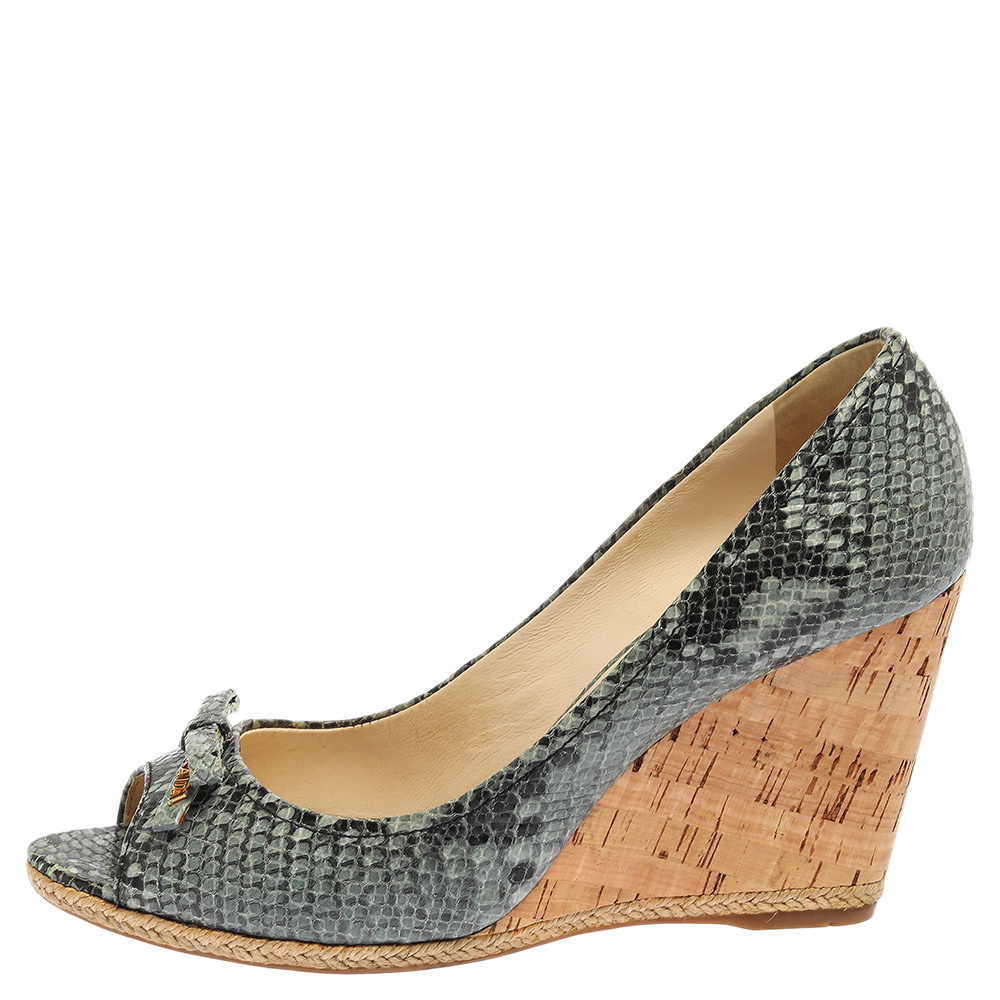 

Prada Sport Blue/Black Python Embossed Leather Bow Peep Toe Cork Wedge Pumps Size