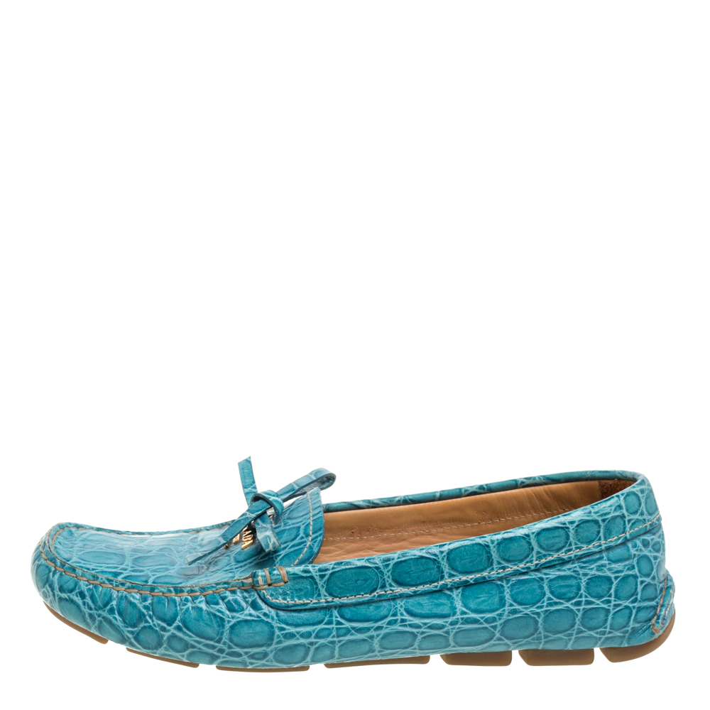 

Prada Blue Crocodile Leather Bow Slip On Loafers Size