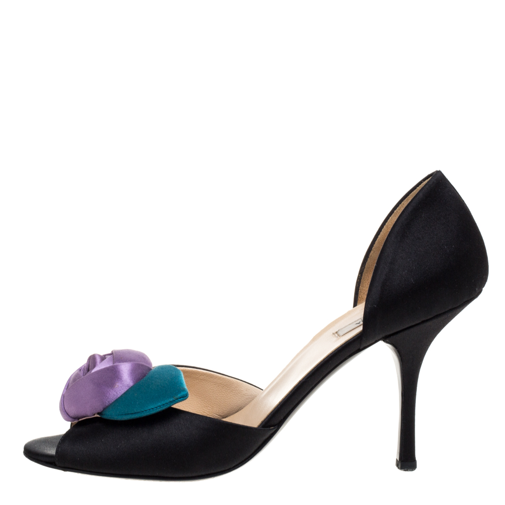

Prada Black Satin Floral D'orsay Peep Toe Pumps Size