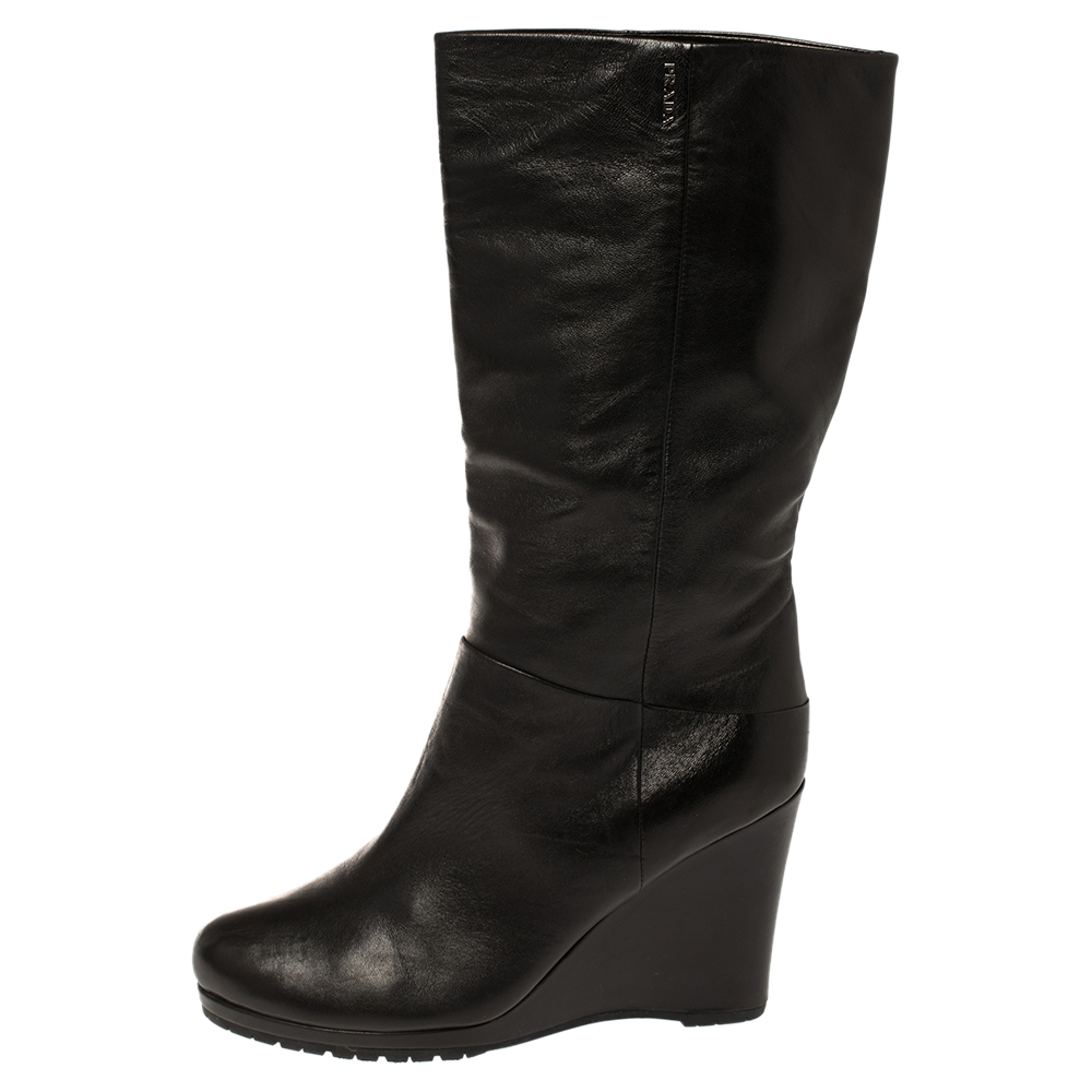 

Prada Black Leather Knee Wedge Boots Size