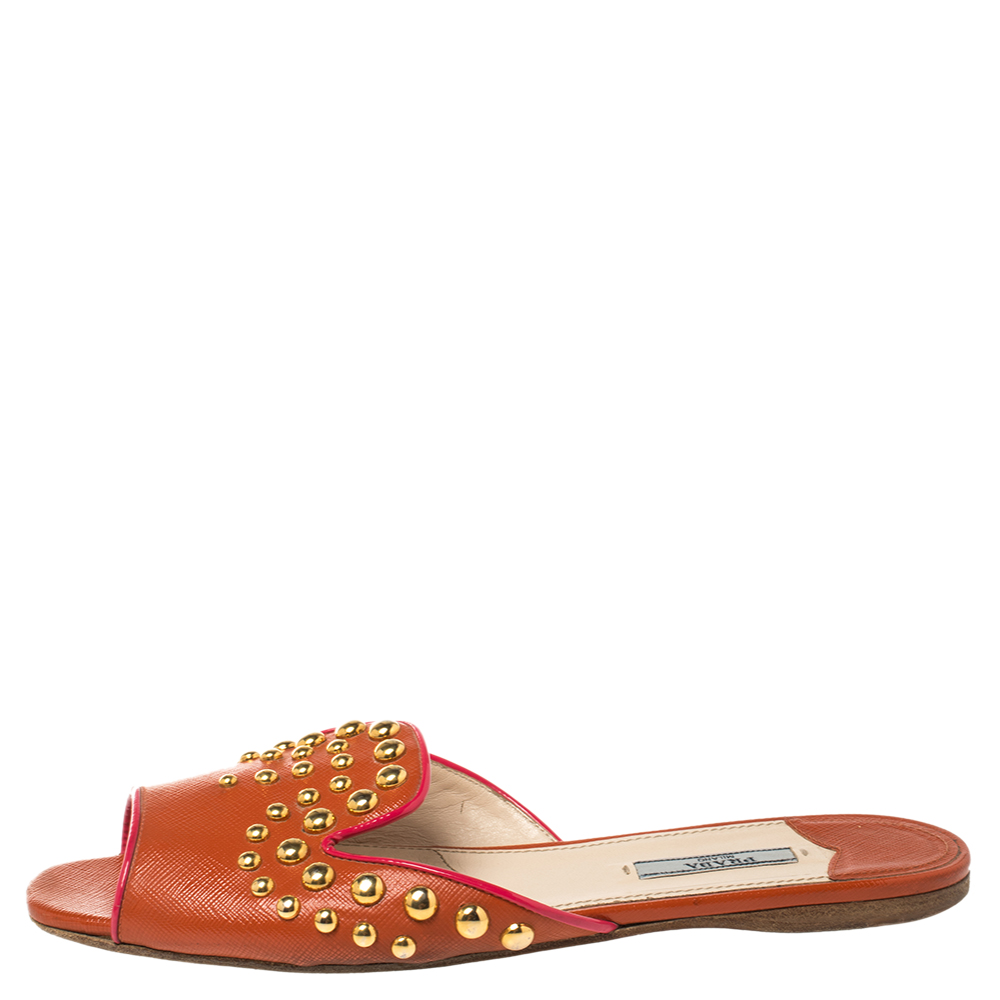 

Prada Orange Leather Studded Slide Flats Size
