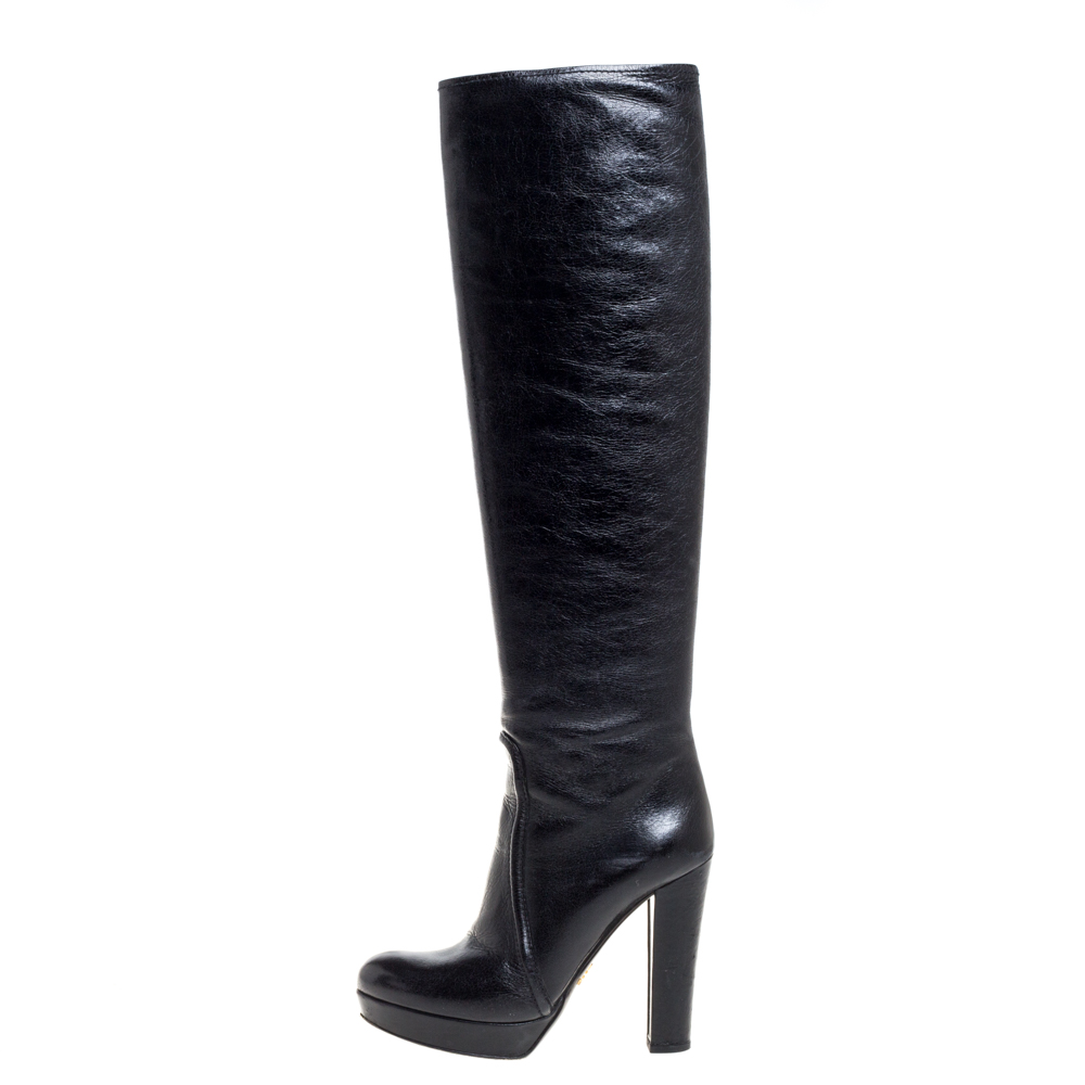 

Prada Black Leather Knee Length Boots Size