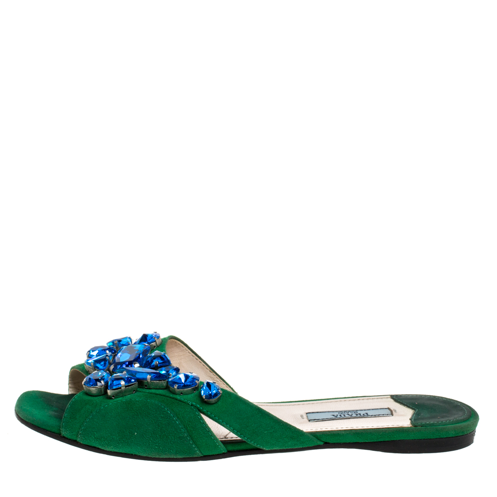 

Prada Green Suede Leather Crystal Embellished Flat Slides Size