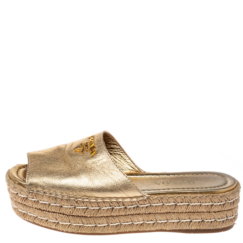 

Prada Gold Metallic Leather Espadrille Platform Slides Size