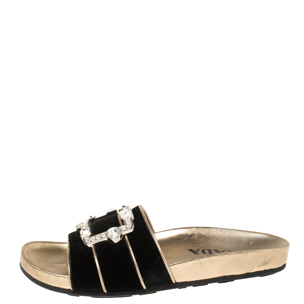 

Prada Black/Gold Velvet and Leather Crystal Embellished Slide Flats Size