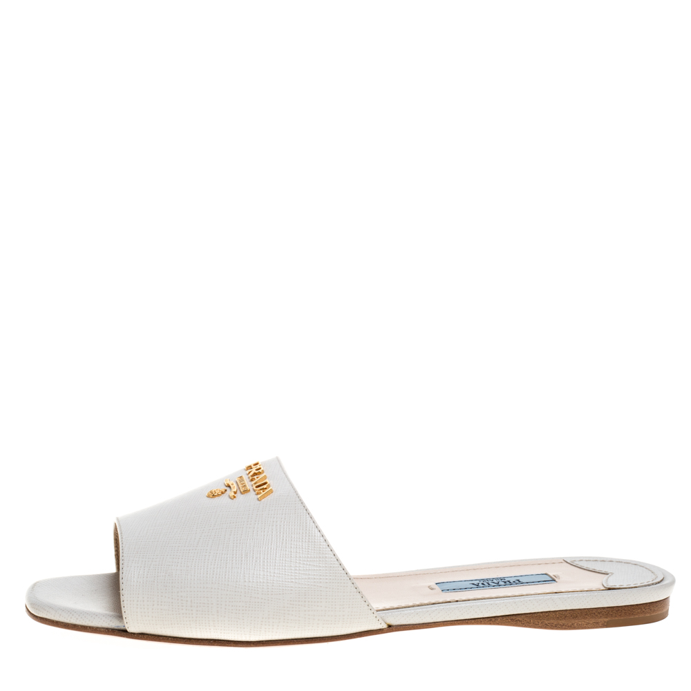 

Prada Off White Saffiano Leather Slides Sandals Size