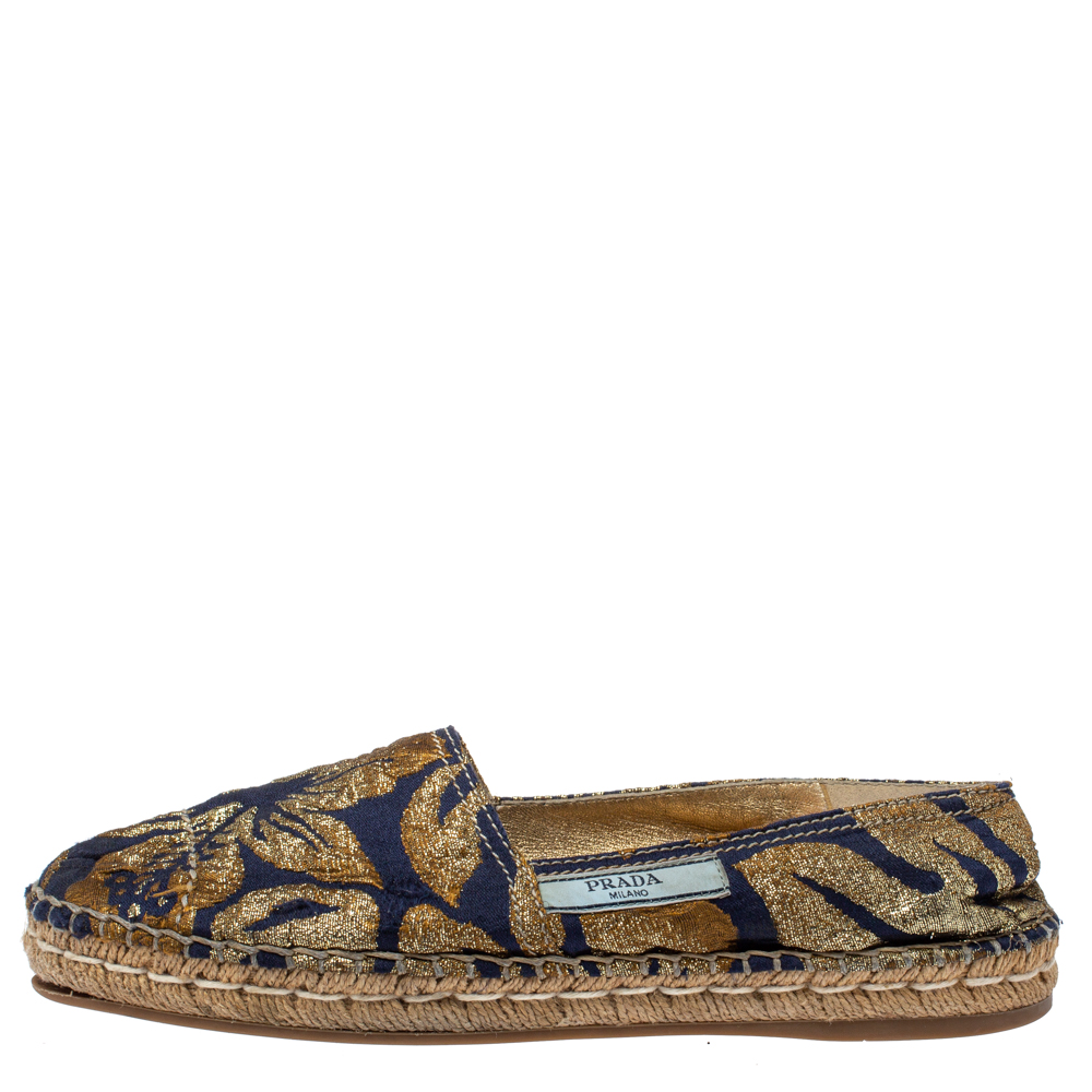 

Prada Gold/Blue Brocade Fabric Slip On Espadrilles Size