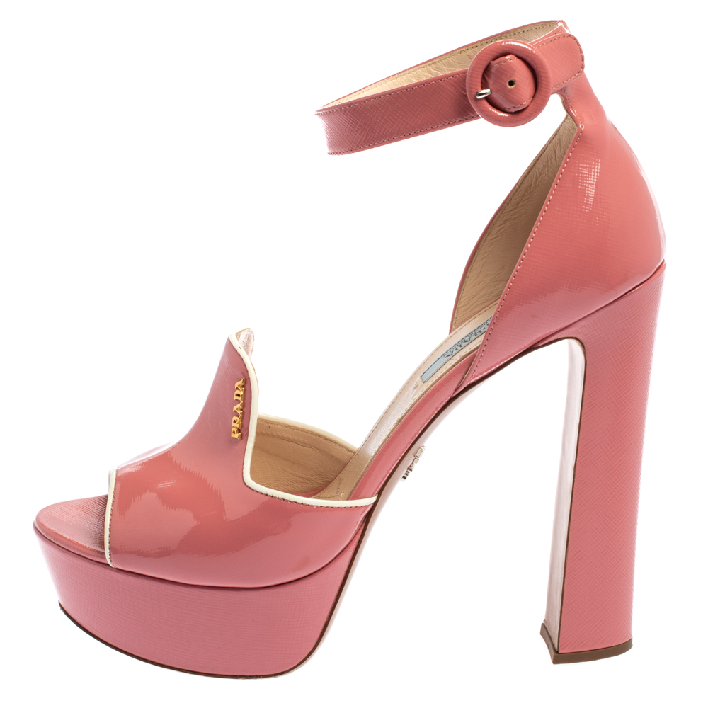 

Prada Pink Patent Leather Platform Open Toe Ankle Strap Sandals Size