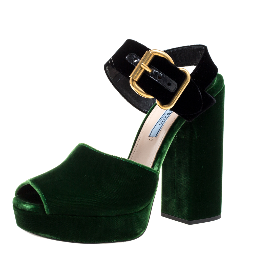 Pre Owned Prada Green And Black Velvet Platform Ankle Strap Sandals Size 40.5