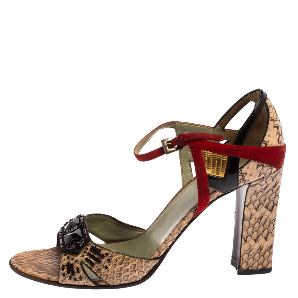 

Prada Multicolor Python And Leather Embellished Ankle Strap Sandals Size