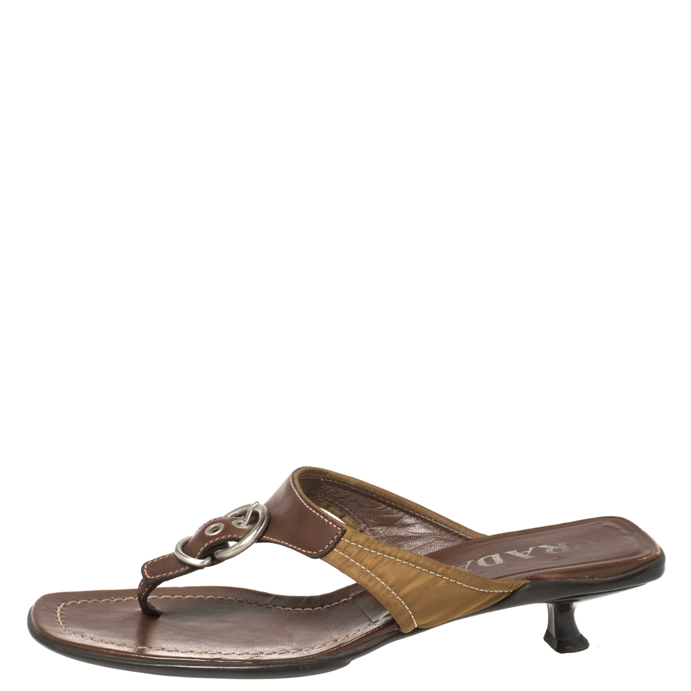 

Prada Brown Leather and Nylon Buckle Thong Sandals Size