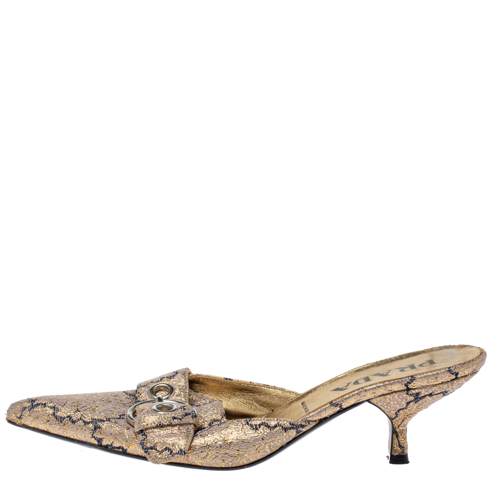 

Prada Gold Fabric Buckle Pointed Mule Sandals Size
